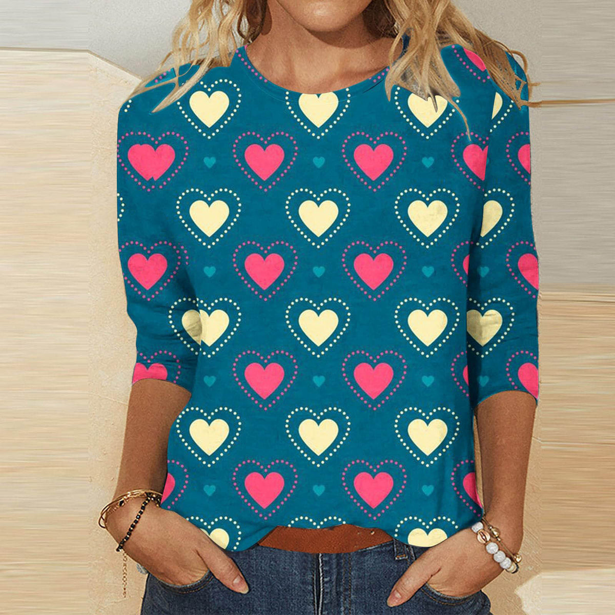 Valentine's Day Female With Hearts Printing Crew Neck T-shirt Top