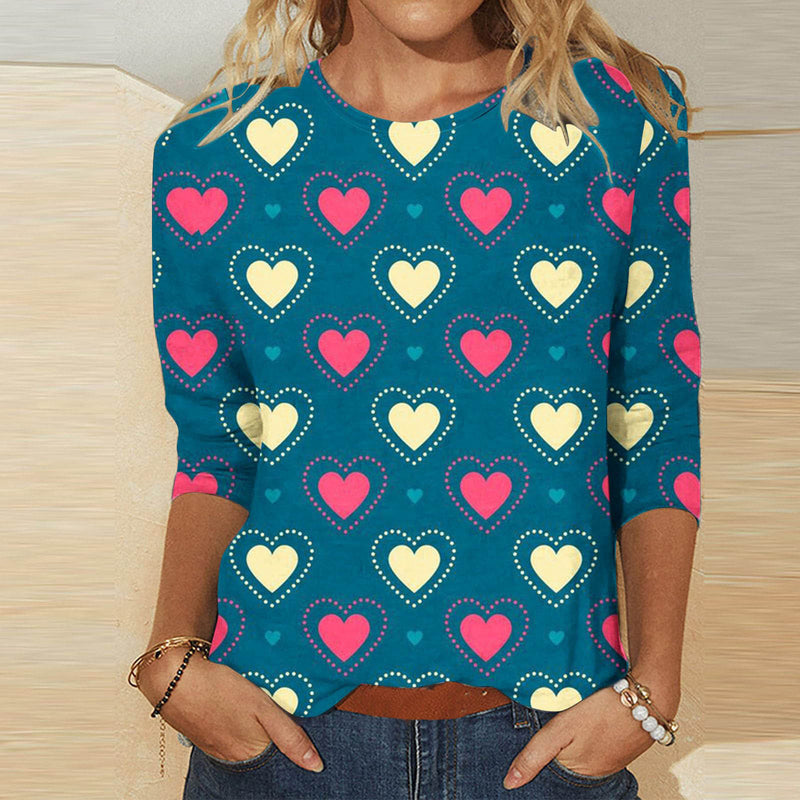 Valentine's Day Female With Hearts Printing Crew Neck T-shirt Top