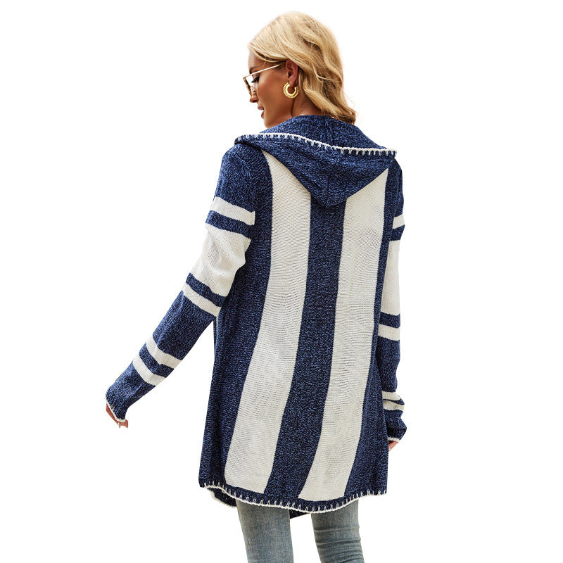 Striped Contrast Color Hooded Knit Cardigan