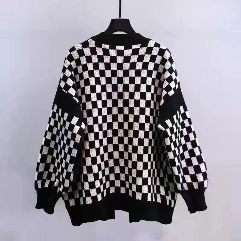 Chessboard Plaid Sweater Knitted Cardigan New Japanese Lazy Style Loose Top Coat