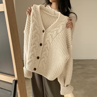 Women's V-neck Puff Sleeve Linen Pattern Loose Knitted Cardigan Sweater Coat