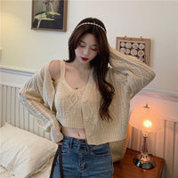 V-neck Knitted Cardigan Jacket Suit Women's Outer Wear Camisole Top