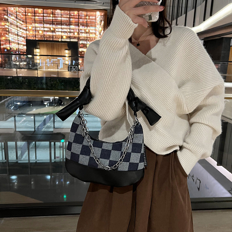 Print Scarf Chain Armpit Bag Checkerboard Checker Shoulder Bag