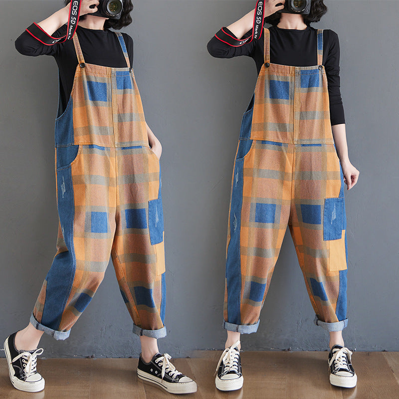 Vintage Literary Print Plaid Wash Denim Overalls