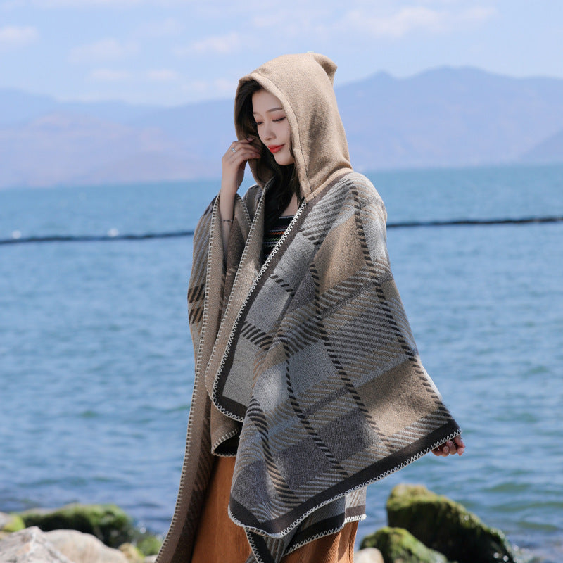 Shawl Simple Plaid Split Hooded Cape Thickened