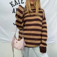 Brown Knitting Stripe Round Neck Street Trendy Pullover Sweater Top