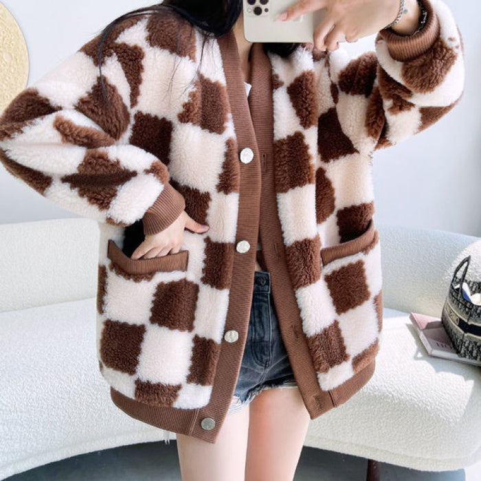 Women's Checkerboard Mid-length Sheep Shearling Coat Cardigan