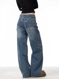 Women's Rivet High Waist Wide Leg Jeans Baggy Straight Trousers