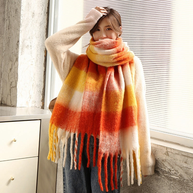 Warm Contrast Plaid Scarf With Big Fringe