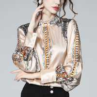 French Socialite Silk Printing Faux Silk Shirt