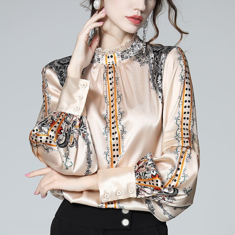 French Socialite Silk Printing Faux Silk Shirt