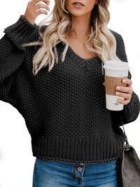 Women's Loose Knit V-Neck Pullover Solid Color