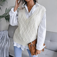 European And American V-neck Diamond Check Hollow Casual Knitted Jumper Vest