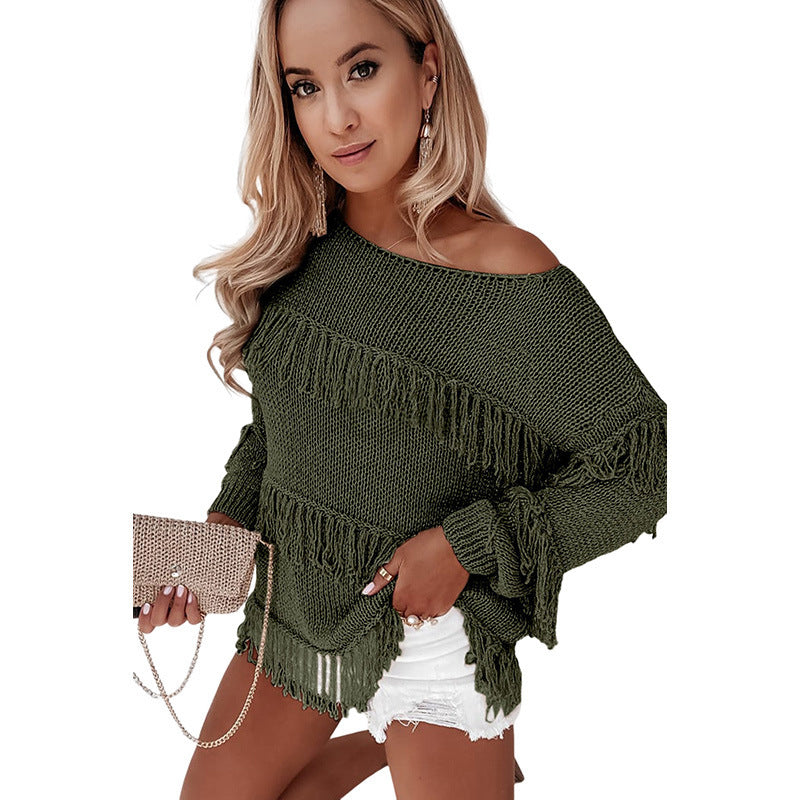 Women's Sweater All-matching Tassel Knitted Long-sleeved Top