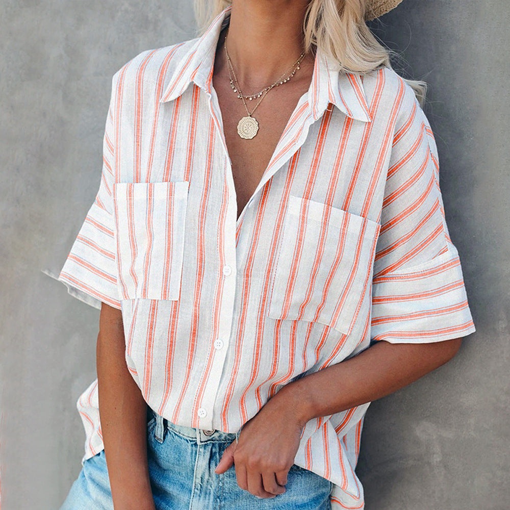 Women's Striped Lapel Short Sleeve Cardigan Single Breasted Casual Shirt