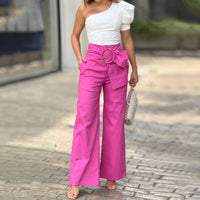 Women's Shoulder Puff Sleeve Top Wide Leg Pants Two-piece Set