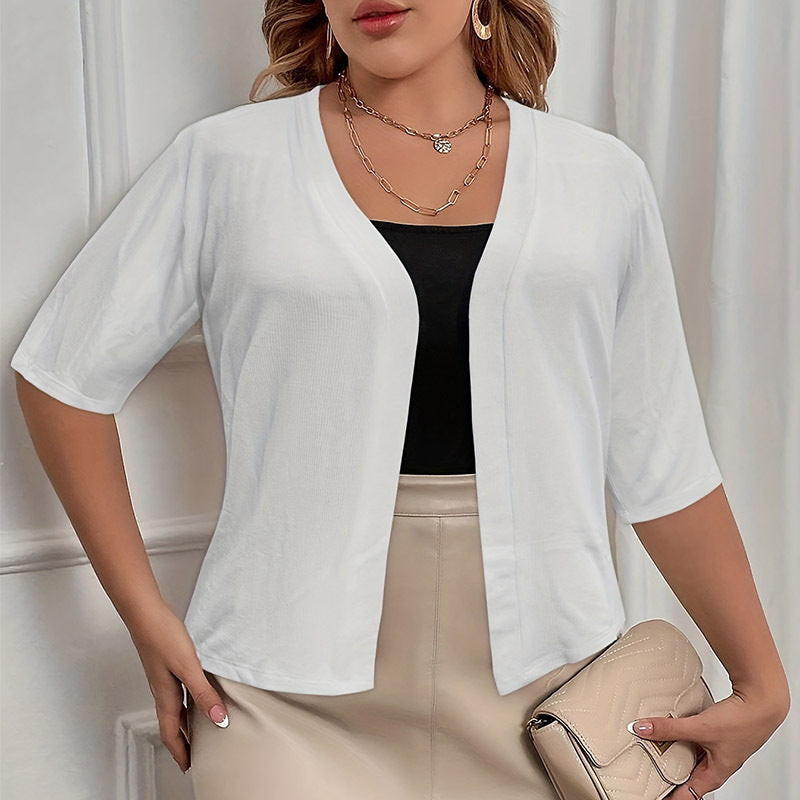 Solid Color Half Sleeve Cardigan Spring Women's White Top Casual Coat Women's Clothing