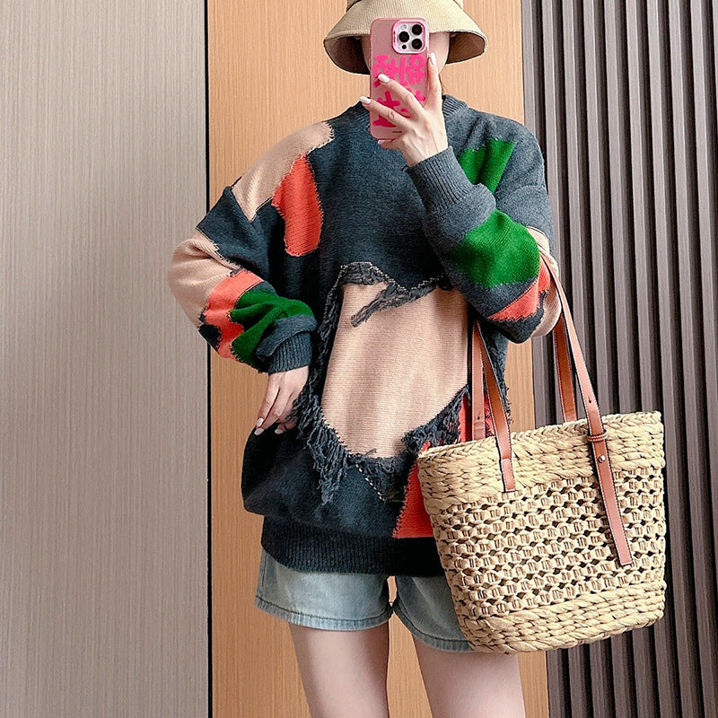 Women's Loose Pullover Multicolor Idle Style Autumn Top