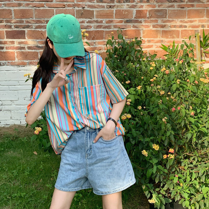 Japanese Short Sleeve Shirt Mid Length Rainbow Stripe