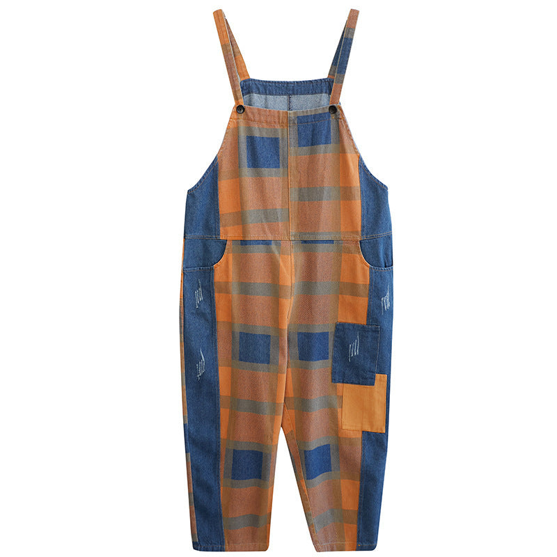 Vintage Literary Print Plaid Wash Denim Overalls