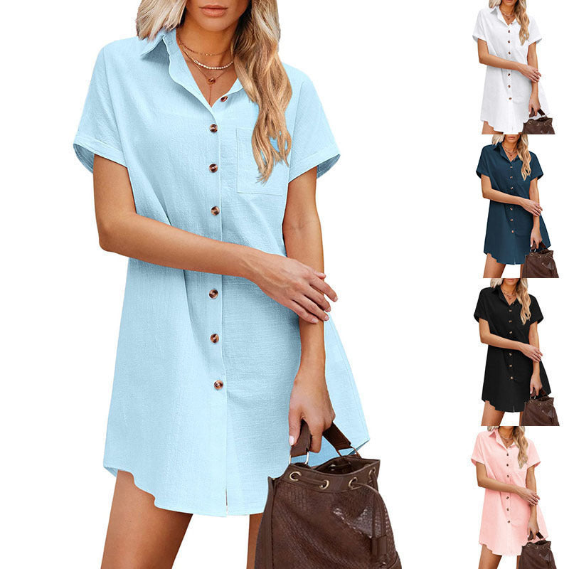 Women's Long Button Shirt Short Sleeve Linen Shirt Skirt