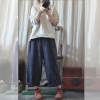 Cropped Artistic Casual Elastic Waist Loose Plus Size Linen Women's Pants