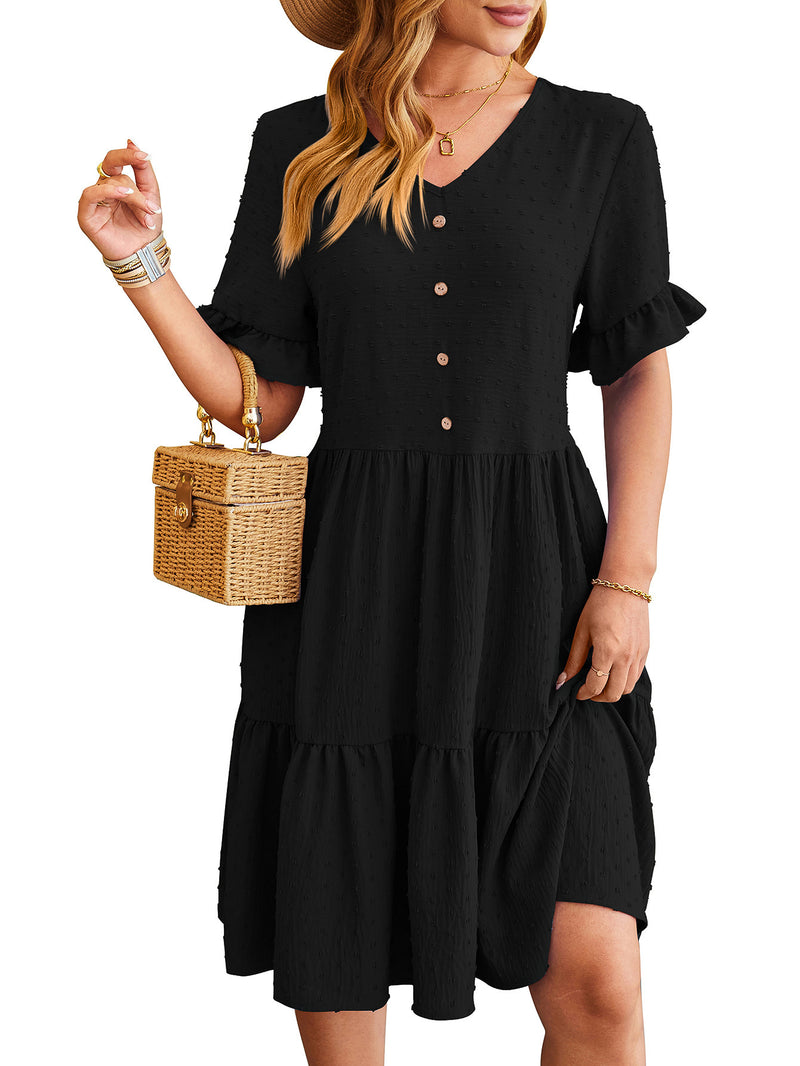 New V-neck Ruffle Short-sleeved Dress Summer Casual Fashion Button Jacquard Design Pleated Dresses Solid Color Womens Clothing