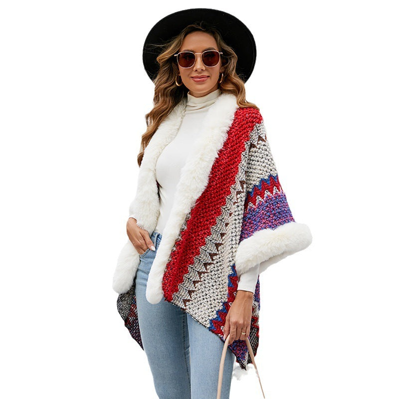 Women's Fur Collar Inverness Striped Ethnic Style