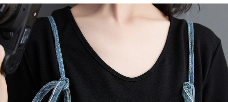 Korean New Literary Style Jeans Printed Suspenders Women