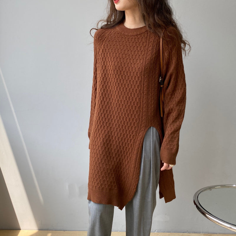 Solid Color Round Neck Twist Irregular Slit Sweater