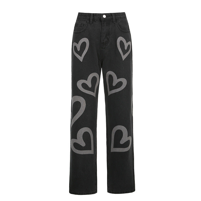 Women's Heart Print Contrast High Waist Denim Straight Pants