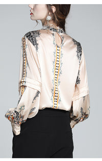 French Socialite Silk Printing Faux Silk Shirt