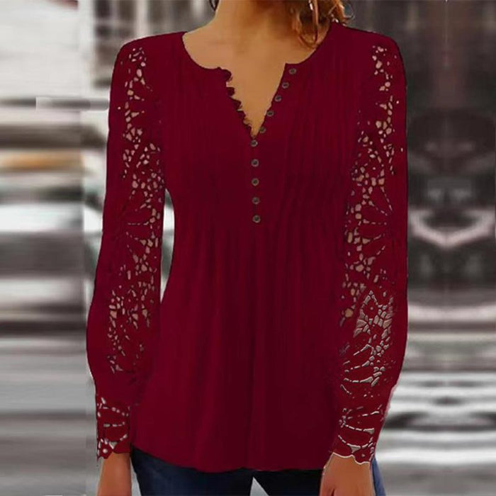 European And American Spring And Autumn Fashion Lace Lace Sleeve Pleated Solid Color Buttons T-shirt