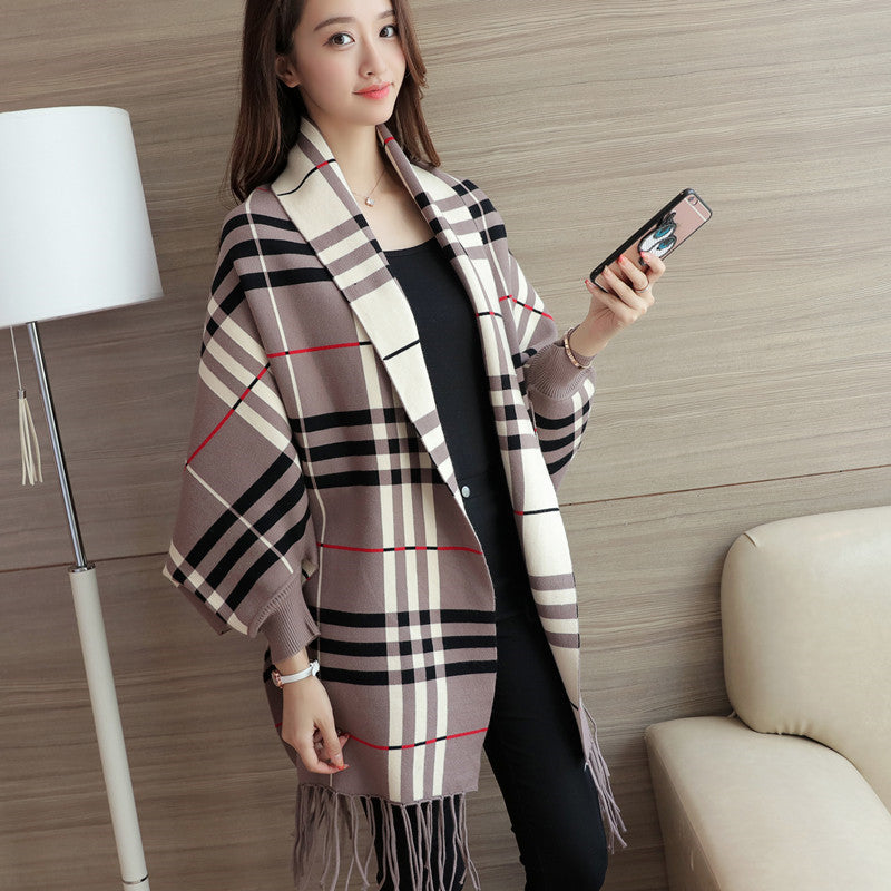 Women's Plaid Tassel Cape And Shawl Coat