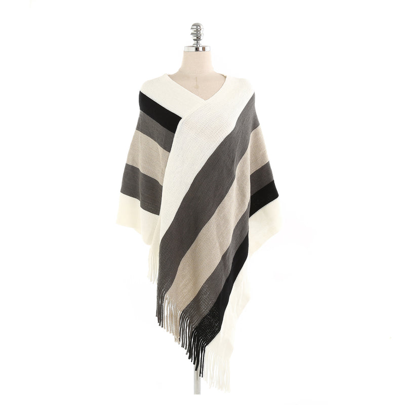 Striped fringed head with cashmere shawl