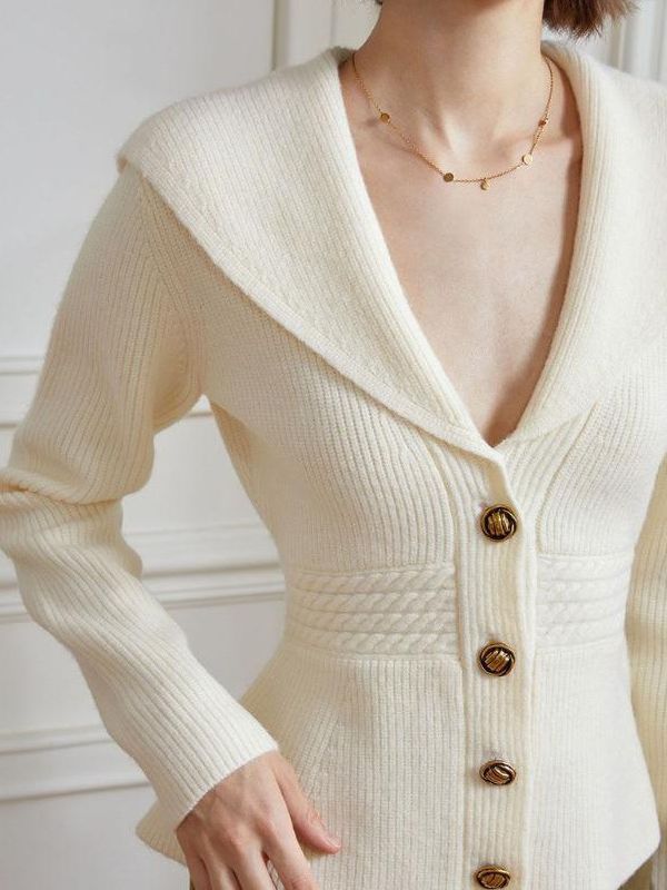 French Style Large Lapel Nipped Waist Knit Sweater Women's Coat