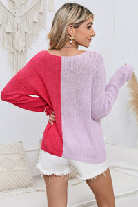 New Color Matching V-neck Pullover Sweater Knitted Long-sleeved Top