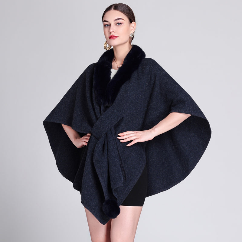 Imitation Rex Rabbit Fur Collar Cape And Shawl Female Loose Knitted Cardigan