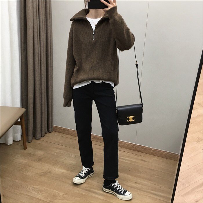 Elegant Large Lapel Zipper Pullover Sweater For Women