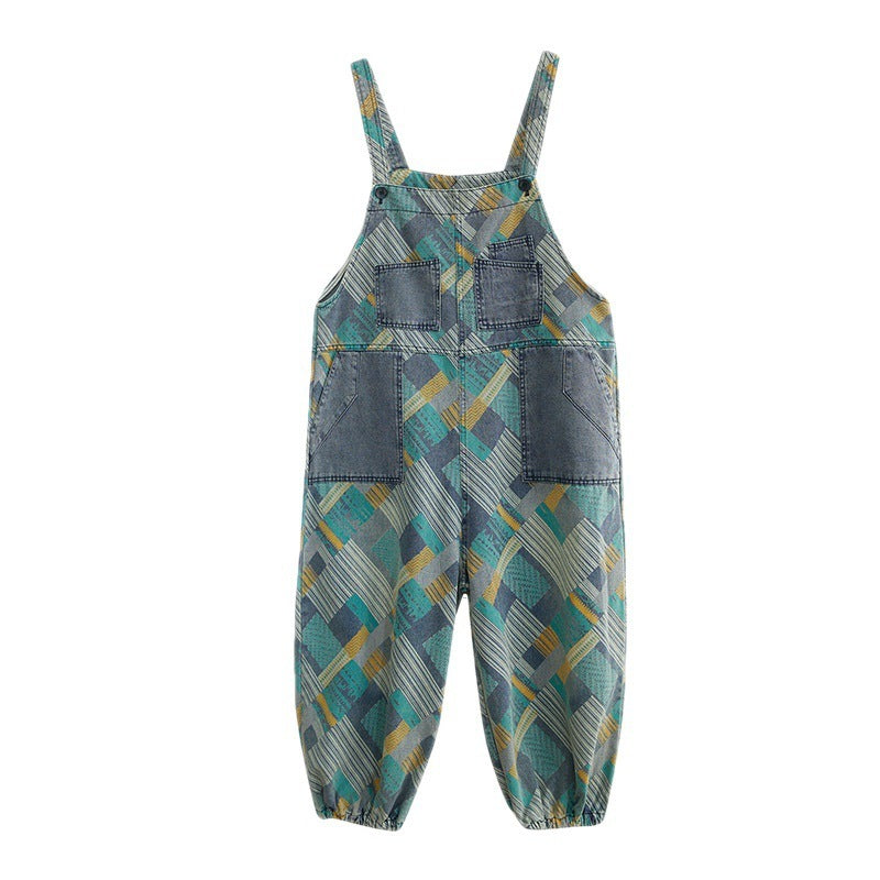 Literary Retro Large Size Printed Jean Suspenders