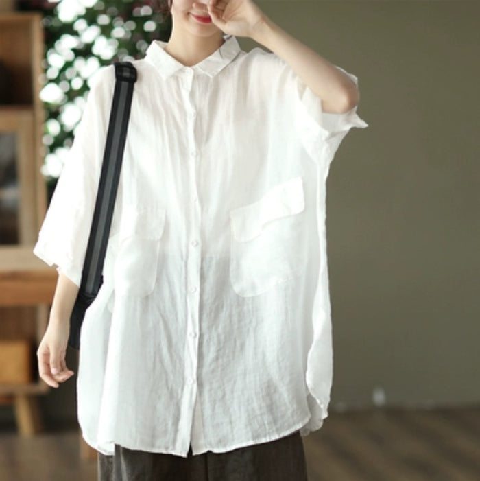 Retro Ramie Shirt Mid-length Elegant Top