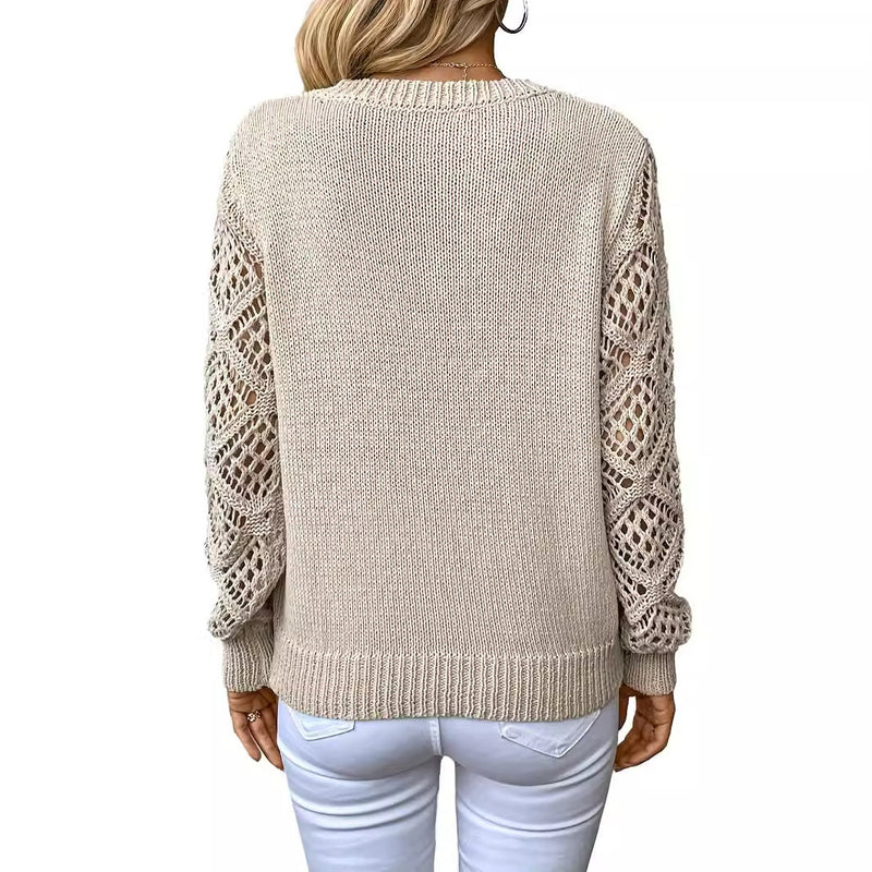 V-neck Hollow Sleeves Solid Color Sweater