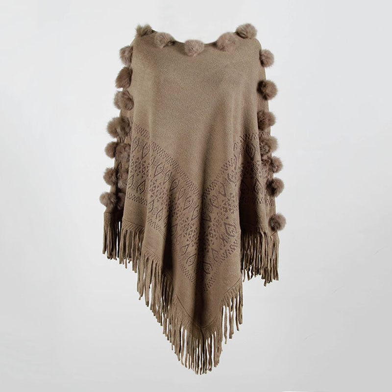 Fringed Cloak Shawl Hair Ball Round Neck Pullover Solid Color Sweater Women