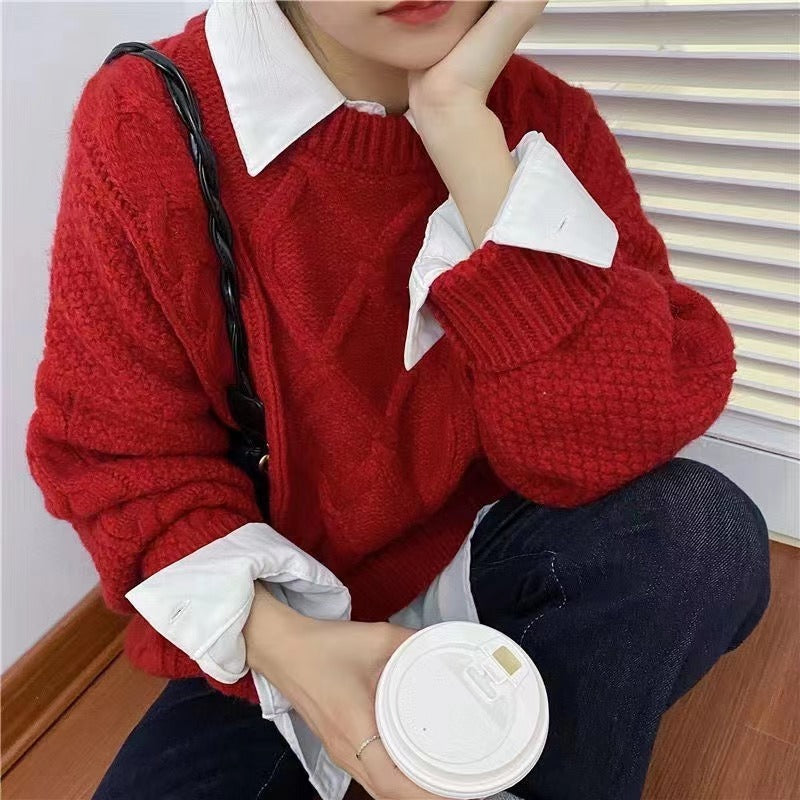 Wind Pullover Loose Round Neck Thick Hemp Flowers Knitted Outerwear Thickened Red Christmas Sweater For Women