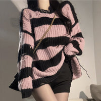 Trendy Sweet Girl Hollow Hole Striped Loose Top