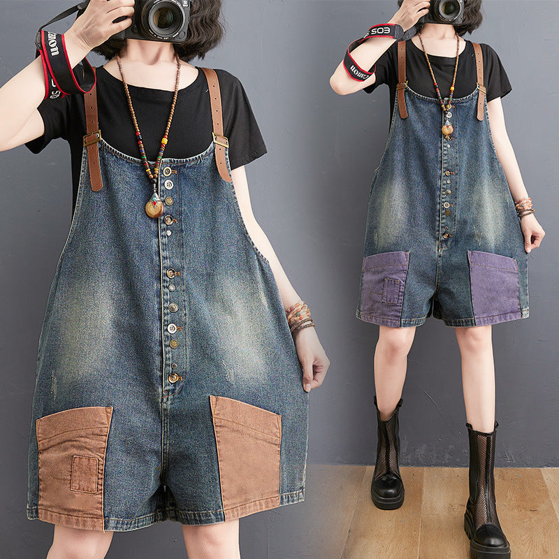 Personality Retro Contrast Color Casual High Waist Slim Denim Overalls