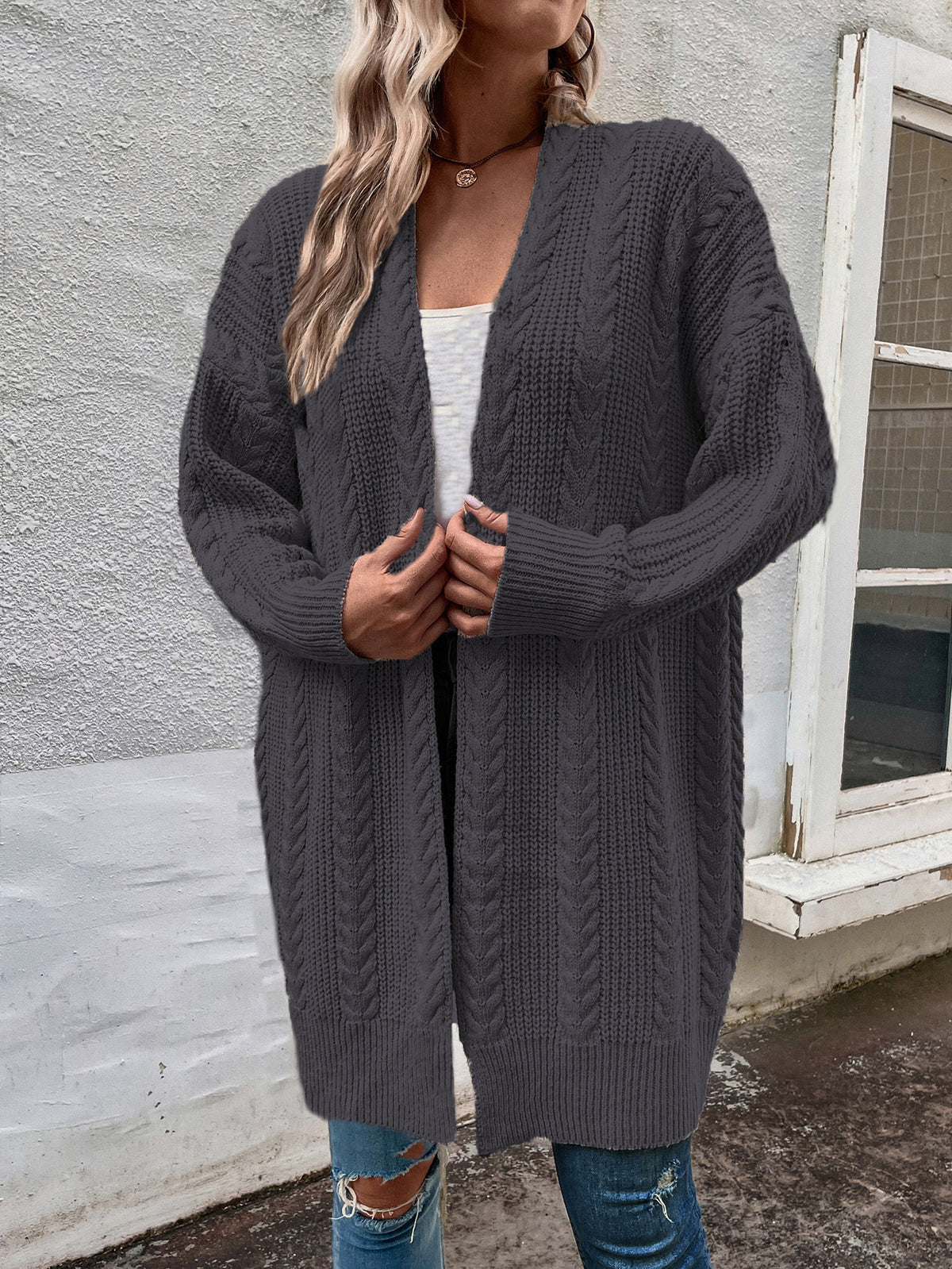 Women's Medium Length Twist Pattern Sweater Cardigan Coat