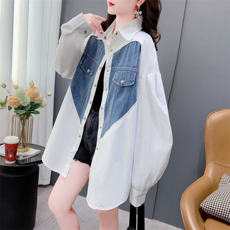 Design Sense Niche Loose Casual Love Denim Patchwork Stripes Shirt