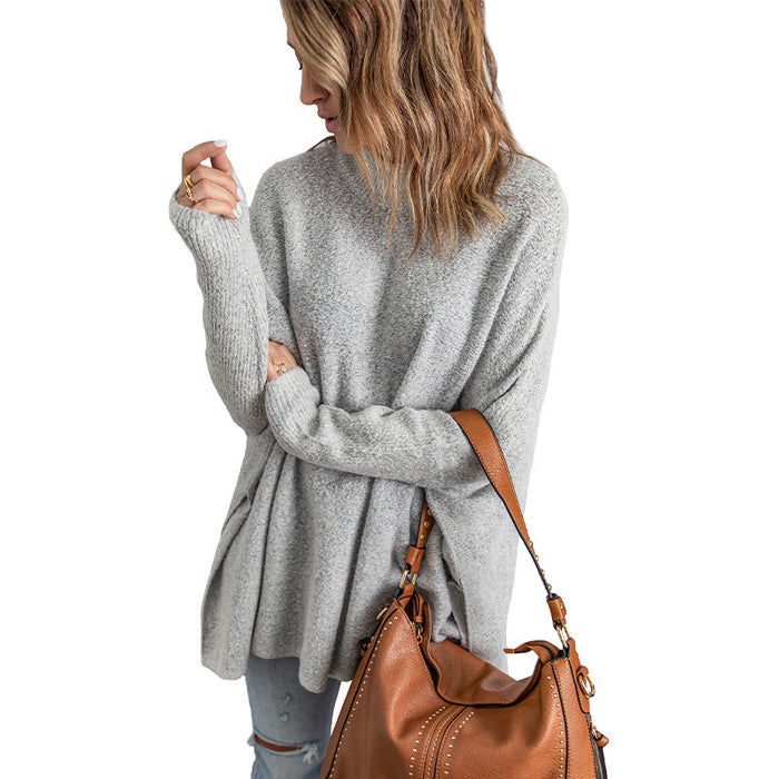 Mid-length Solid Jumper Women's Loose Diagonal Hem Sweater