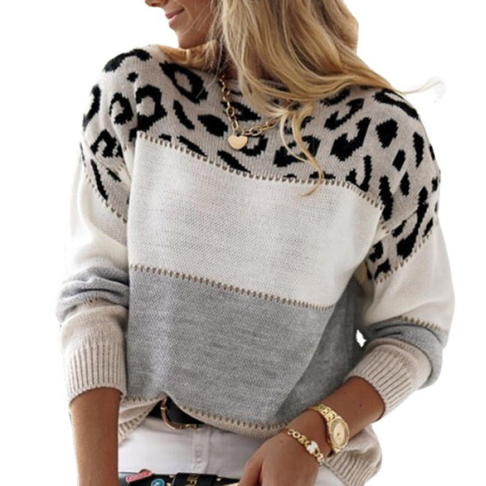 Women's Leopard Print Color-block Crew Neck Casual Sweater Long Sleeve Bottoming Shirt